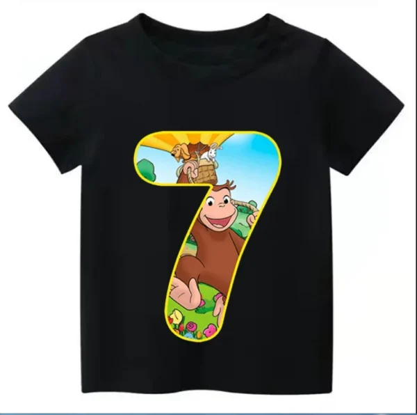 New Curious George Funny Monkey Print Cartoon Boys Clothes  2 3 4 5 6 7 8 9 Years Birthday Number Kids T shirt Tops 6