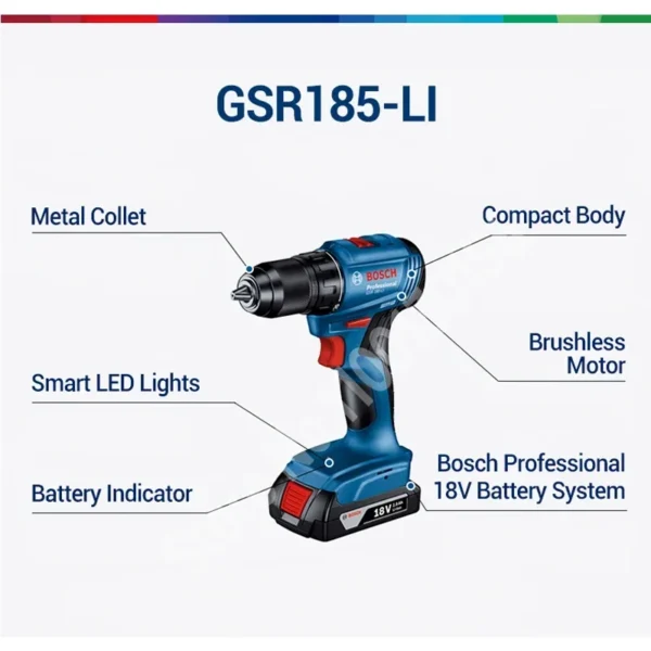 BOSCH GSR 185-LI Cordless Drill Driver Bare Tool Electric Screwdriver 18V Professional Brushless Power Tool Bosch GSR185-LI 3