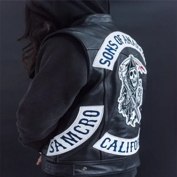 Sons Of Anarchy Embroidery Leather Rock Punk Vest Cosplay Costume Black Color Motorcycle Sleeveless Jacket 5