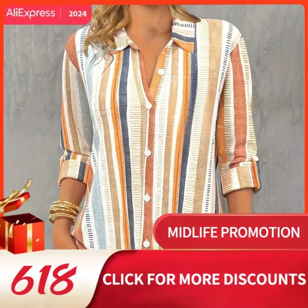 Fashion Woman shirts & blouse Orange striped print Button Long Sleeve Shirt 2024 Spring & Fall Female clothing blouses Tops 1