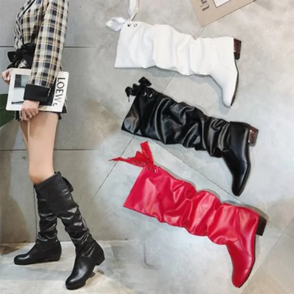 2023Shoes For Women  Knee High Boots Red Black White Tall Boots Woman Pleated Low Heel Casual Leather Female Long Shoes 5