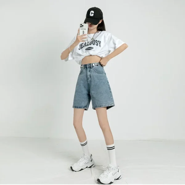 ZOENOVA Belted Shorts Jeans Women Baggy Y2K Fashion Straight Vintage Streetwear Denim 2024 Summer Loose Femme Denim Short Pants 3