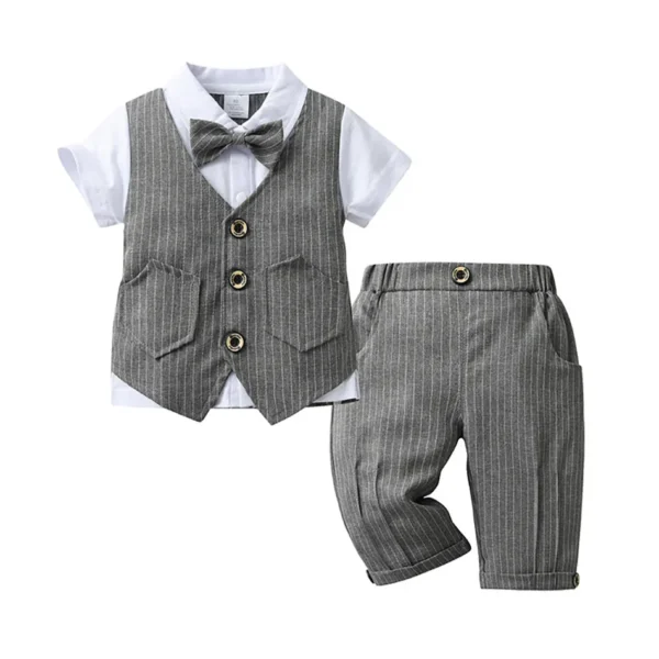 2024 Summer Outfit Stylish Boy Gentleman Suit Children Soft Breathable Cotton Clothing Set with Detachable Bow Tie Elastic Waist 3