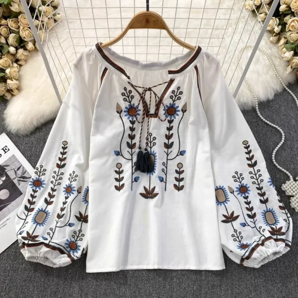 Autumn Casual Women Blouse Fashion V-neck Long Lantern Sleeve Embroidery Shirts Vintage Minority Ladies Tops Dropshipping 2