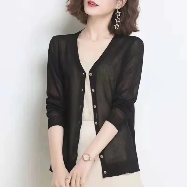 Cardigan Summer Long Sleeve Knitted Women New Ice Silk Knitwear Korean Thin Air-conditioning Sunscreen Shirt Tops 5