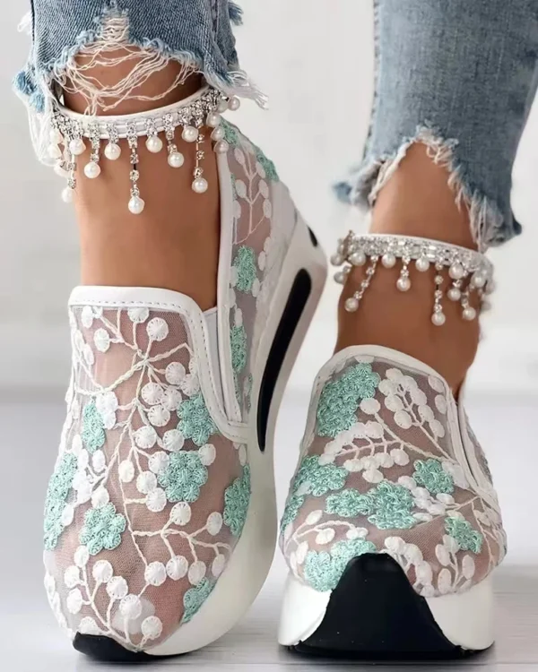 Women's Sneakers Floral Embroidery Mesh Sneakers for Women Slip on Casual Comfy Heeled Shoes Woman 5