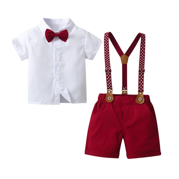 Kid Boys Gentlemen Suits Formal Party Clothes Short Sleeve Bow Tie Shirt Top and Overall Shorts Summer Child Boy Outfits 3