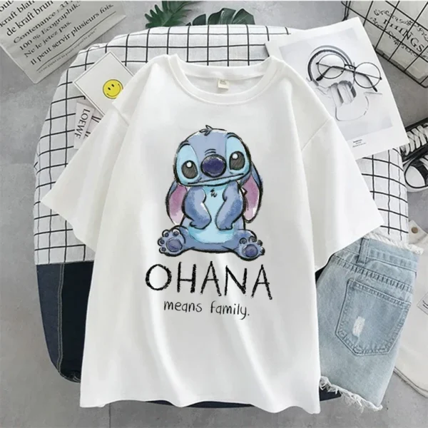 Disney Stitch Women T-shirt Ladies Summer Cartoon Top Fashion Men and Women with The Same White T-shirt 3