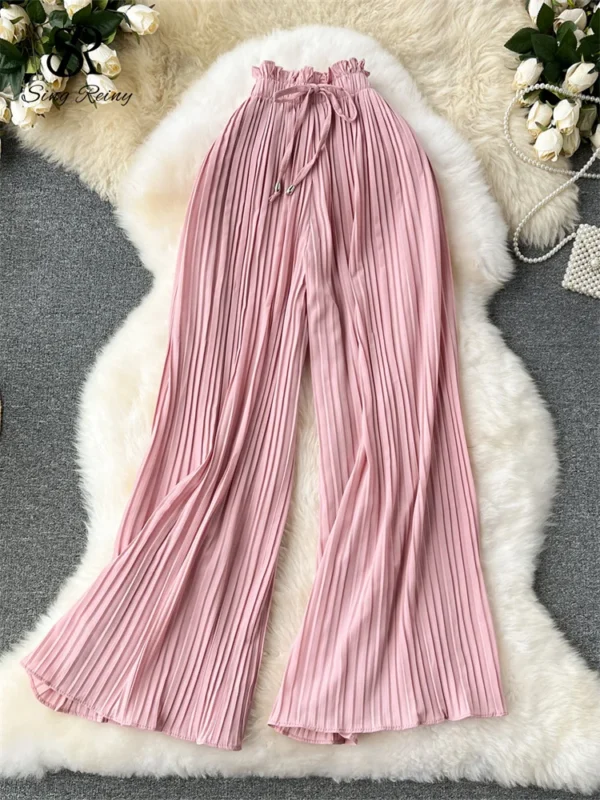 SINGREINY Bandage Basics Casual Pants Women Summer Oversize Draped Wide Legs Pants High Waist Solid Long Pleated Trousers 5