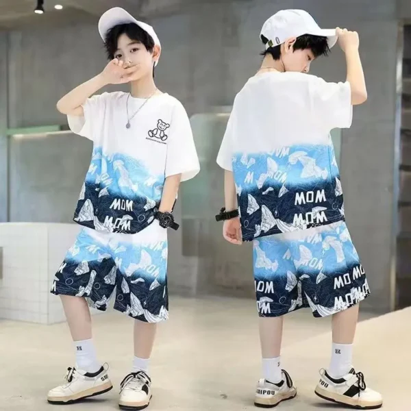 Boys Summer 2024New Cotton Fashion Sports Suits Astronaut Rabbit Print Shorts Sleeve Sets 5-14Years Boys Streetwear Outfits Set 2