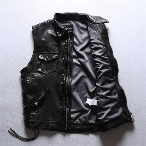 2024 Men Fashion Style New Motorcycle Punk Leather Coats Men's Sleeveless Jackets Locomotive Vest  Adjustable Black Vests 2