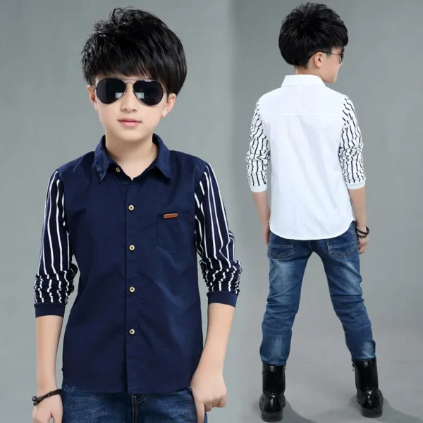 Boys Blouses And Shirts Children\'s Stripe Top 2024 Spring Autumn Casual White Polo Shirts Teenager School Brand Outerwear Cotton 4