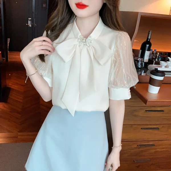 Fashion Bow Collar Apricot Chiffon Blouse Shirt Women Tops Blusas Mujer De Moda 2024 Verano Short Sleeve Blouse Women Blusa G587 4