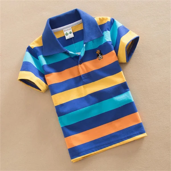 T-shirt For Boys Summer Children Short Sleeve Stripe Tees Cartoon Bear Embroidery Tops Teens Breathable Polo Shirt Kids Clothing 2