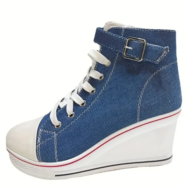 High Top Canvas Women Wedge Shoes Women's Denim Ankle Lace Up Ladies Ankle Canvas Shoes Woman 8cm Heels Sneakers 5