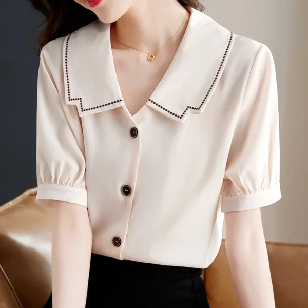 Summer Women's Short Sleeve Doll Neck French Bubble Sleeve Solid Color Simple Commuter Chiffon Shirt Women Tops Blouse A735 3