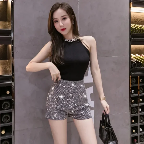 Black High Waist Elastic Shorts Women Streetwear Summer New Full Diamonds Shiny Casual Fashion Slim Female Bag Hip Hot Pants 2