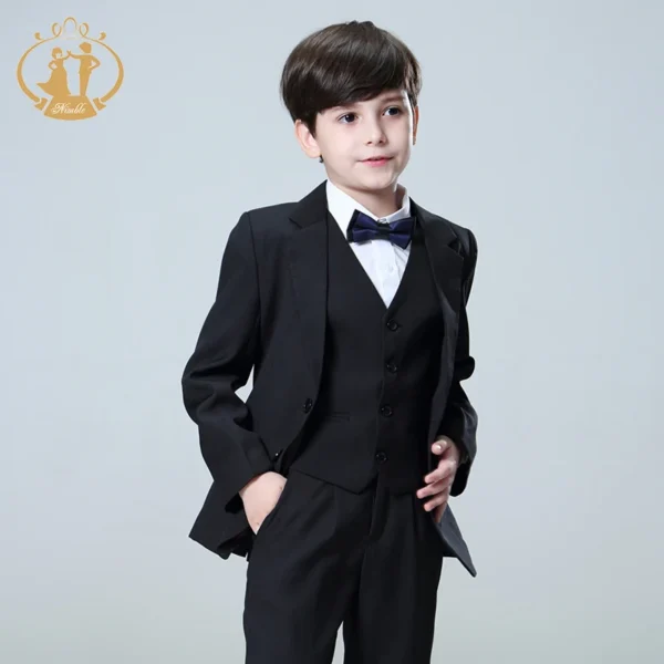 Spring Autumn Formal Black Suits for Weddings Set Children Party Host Costume Kids Blazer Vest Pants 3Pcs Wholesale Clothing 5