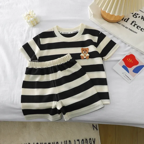 Children's Clothing Sets Bear Decorated Striped Short Sleeve Top + Shorts 2pcs Kids Clothes Boys Boys Outfits for 1 To 6 Years 3