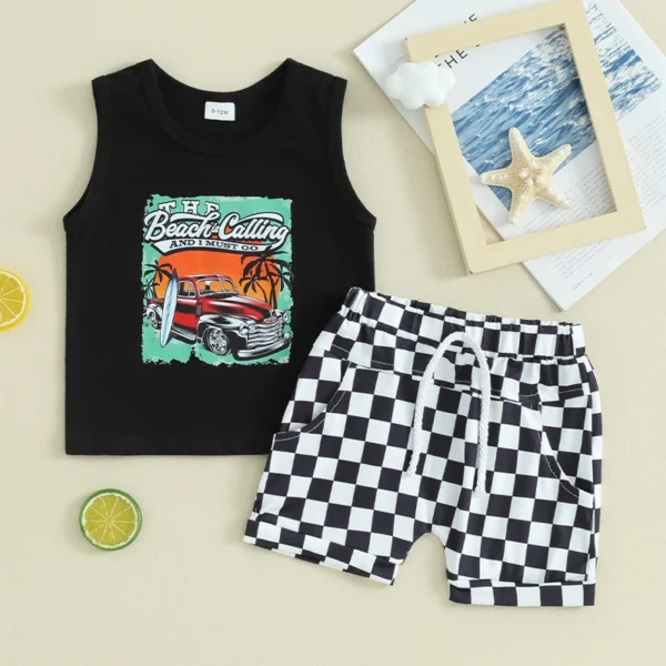 Lioraitiin Toddler Boys Summer Outfits Letter Car Print Sleeveless Tank Tops and Checkerboard Elastic Waist Shorts Clothes Set 3