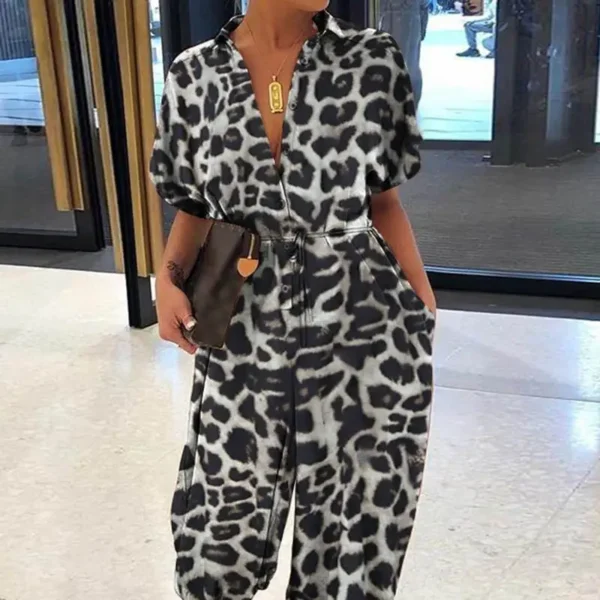 Leopard Printed Jumpsuit Women 2023 Summer New Short Sleeves Leace-up Pocket Casual Jumpsuits Fashion Vintage Ladies Bodysuits 3