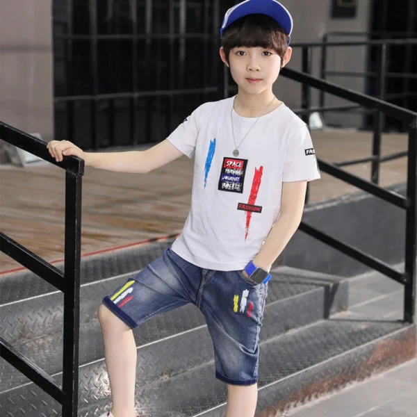 2024 autumn Boys Clothes Sport Set Casual Short Sleeve Children tracksuit letter shirt + demin shorts pants 5 6 7 8 9 10 11 year 3