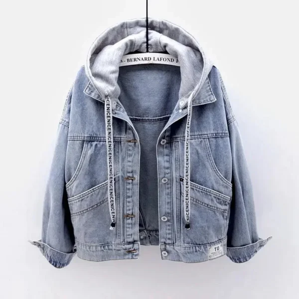 Blue Deconstructable Hooded Turn-down Collar Denim Jacket Women Loose Button Patchwork Outwear Jean Coat Female 2