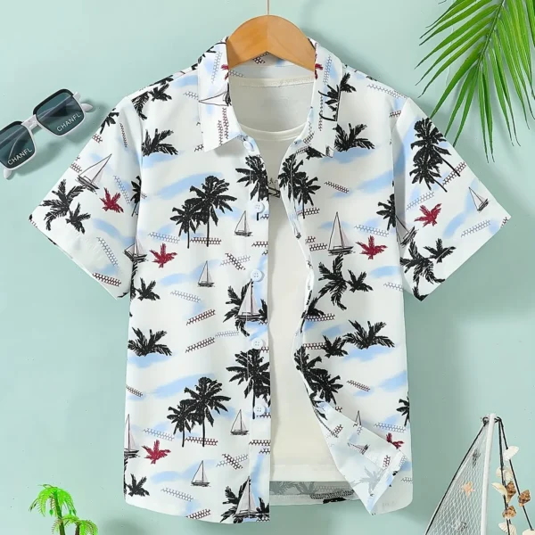 Beach Coconut Tree Print Boys Creative Top Shirts Casual Short Sleeve Lapel Shirt Tops Boys Clothes for Summer Outdoor Holiday 1