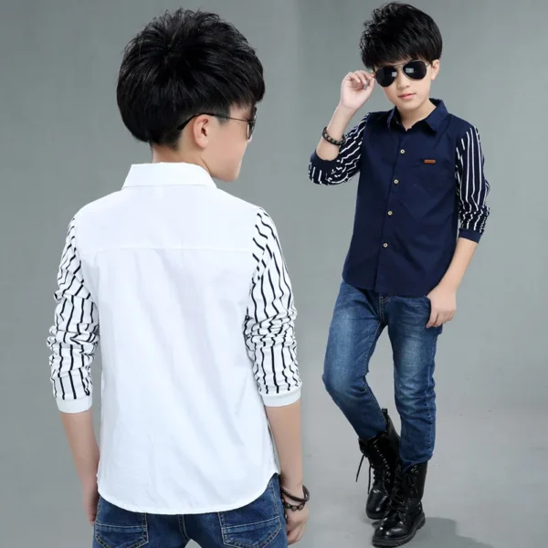 Boys Blouses And Shirts Children\'s Stripe Top 2024 Spring Autumn Casual White Polo Shirts Teenager School Brand Outerwear Cotton 2