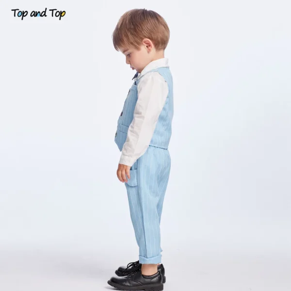 Top and Top Spring&Autumn Baby Boy Gentleman Suit White Shirt with Bow Tie+Striped Vest+Trousers 3Pcs Formal Kids Clothes Set 5