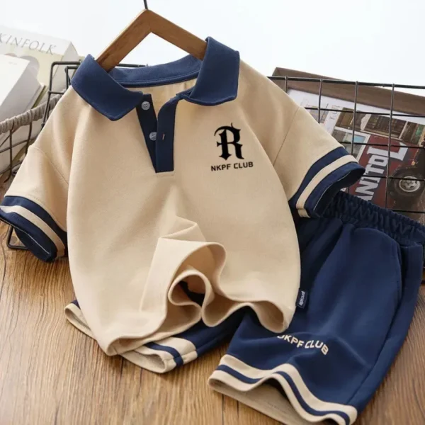 Summer Children Boy Clothes Kid Lapel T-Shirts and Shorts Set Patchwork V Neck Top Bottom 2 Pieces Suit Fashion Tracksuits 1