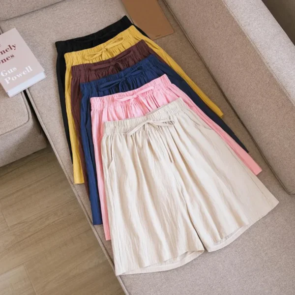 Summer Cotton Linen Loose Women's Shorts Casual Straight Short Pants Harajuku Elastic Waist Wide Leg Knee Length Shorts Women 4