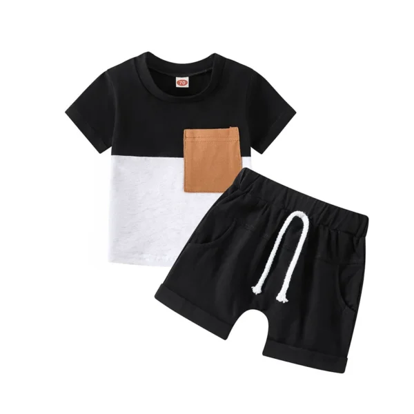 Kids Outfit Eco-Friendly Boy Summer Short Sleeve T Shirt and Shorts Clothes Set Children Fashion Green Coffee Color Block Design 6