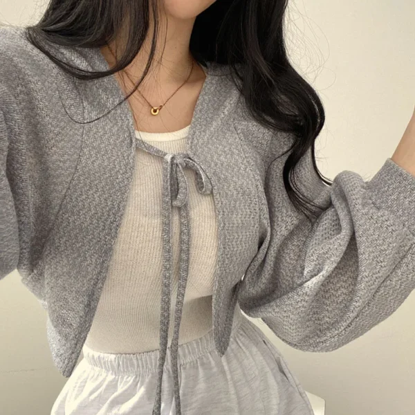 Lucyever White Knitted Cardigan Women Summer Thin Sunscreen Lace-Up Knitwear Tops Female Korean Style Lantern Sleeve Short Coat 5