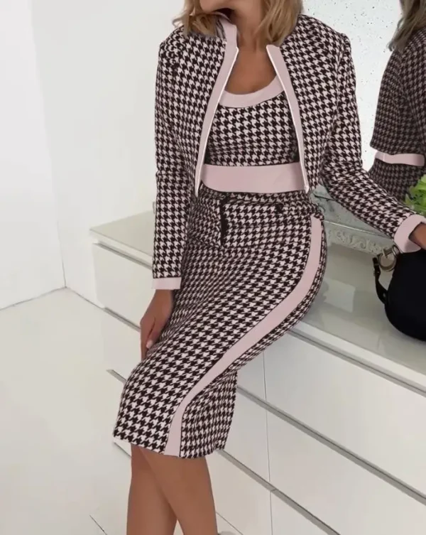 3 Two Piece Set For Women Autumn Winter Spaghetti Top And Skirt Sets Elegant Office Houndstooth Print Dress With Coat Suit 5