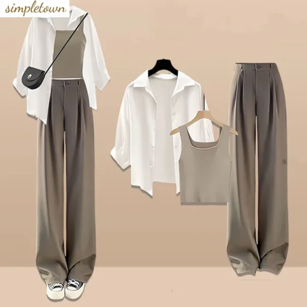 Summer Set 2024 New Large Fashion Sunscreen Shirt with Hanging Straps and Casual Suit Pants Three Piece Set 1