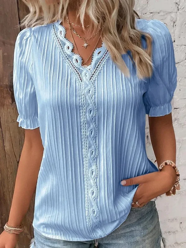 Women's V-neck Short Sleeved T-shirt Fashion T-shirt And Information Summer Clothing With Lace Print Blusas Blusas Para Mujer 2