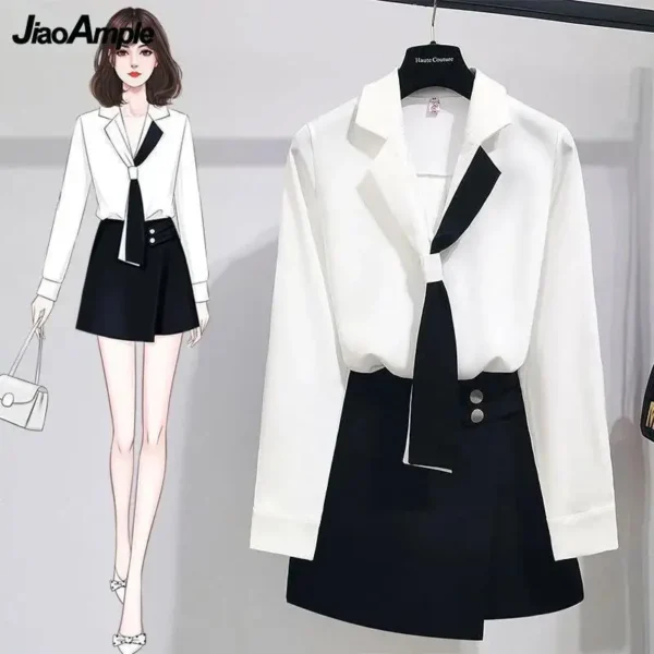 2022 Girl White Shirt Top Midi Skirt Two-piece Women's Professional Suit Korean Fashion Elegant Blouse Dress Set Female Clothes 1