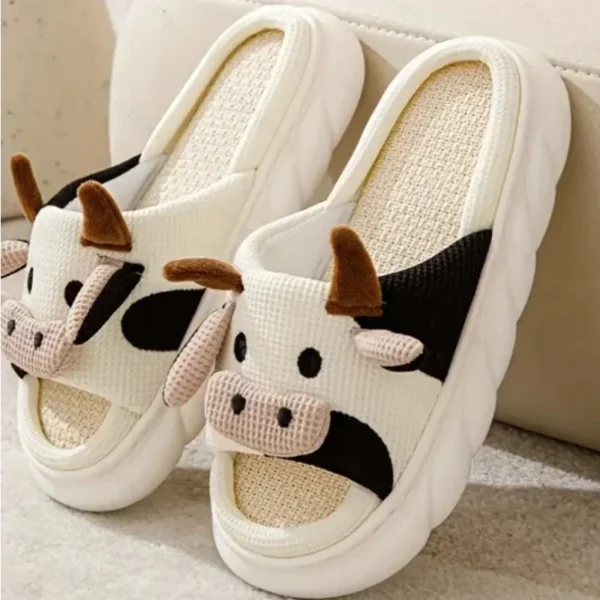 Four Seasons Universal Indoor Home Cotton Linen Sandals Cute Cartoon Cow Linen Slippers Non-slip 5