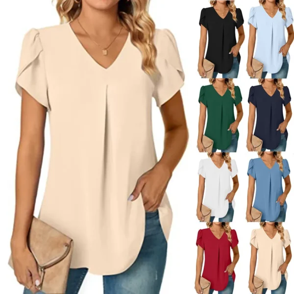 Elegant Women's Top Blouse Flower 2023 Summer Fashion Simplicity Short Sleeve Solid V-Neck Commuter Office Female Shirt S-XXL 1