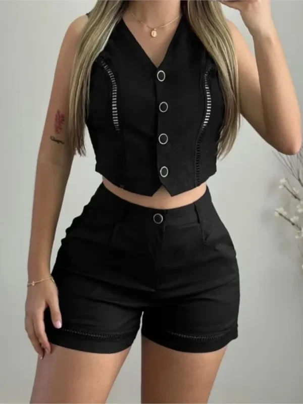 Sexy Two Piece Sets Women Outfit 2024 Summer Hollow Buttons Sleeveless V-Neck Vest Top & Pocket Shorts Set Solid Matching Set 4