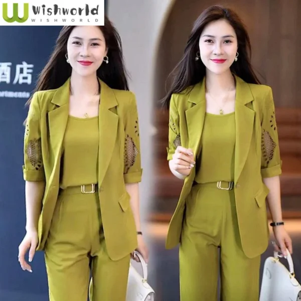 2023 Autumn New Vintage Hollow Short Sleeve Jacket with Tank Top Casual Pants Three Piece Elegant Women's Pants Suit Office Set 1