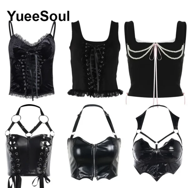 Gothic Crop Tops Black Spaghetti Strap Mesh Slim Corset Tops 2024 New Goth Punk Grunge Fairy Core Sexy Y2K Halloween Clothing 4