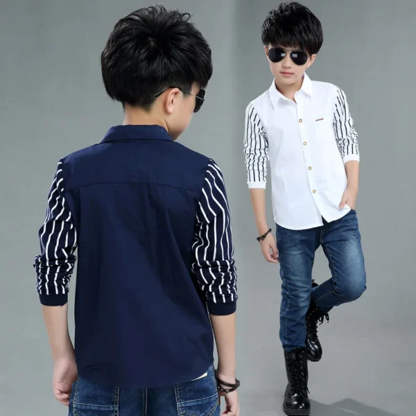 Boys Blouses And Shirts Children\'s Stripe Top 2024 Spring Autumn Casual White Polo Shirts Teenager School Brand Outerwear Cotton 3