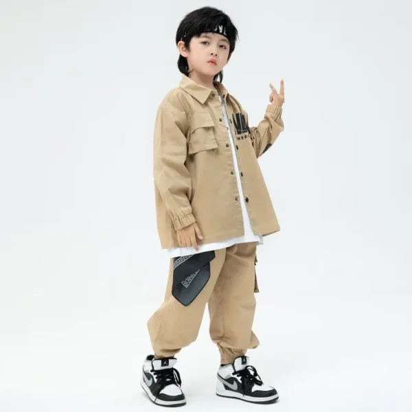 Kid Kpop Hip Hop Clothing Khaki Shirt Jacket Casual Streetwear Cargo Jogger Pants for Girl Boy Jazz Dance Costume Clothes Set 3