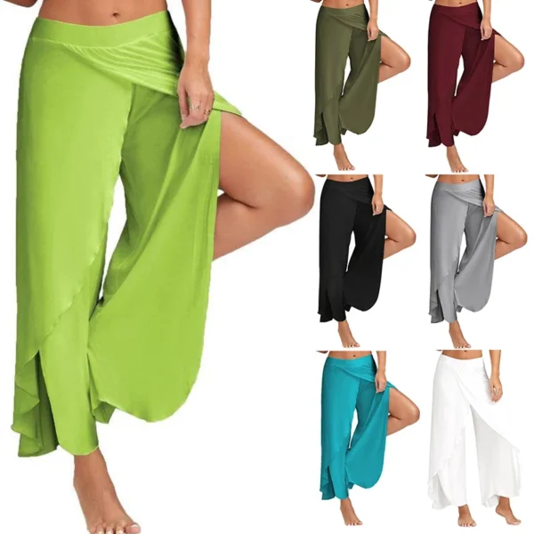 Women Wide Leg Pants Yoga Split Trousers Female Elastic Wasit Casual Loose Fitness Open Leg Pants Solid Color Harem Pants 1