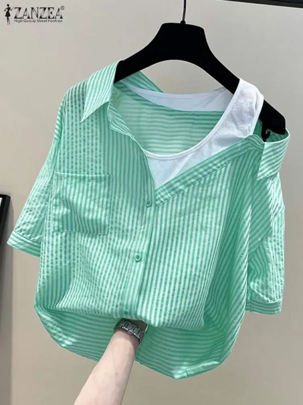 Women Short Sleeve Patchwork Blouse ZANZEA Elegant Summer Shirt Causal Stripe Fake Two Pieces Tops OL Work Holiday Blusas Femme 1