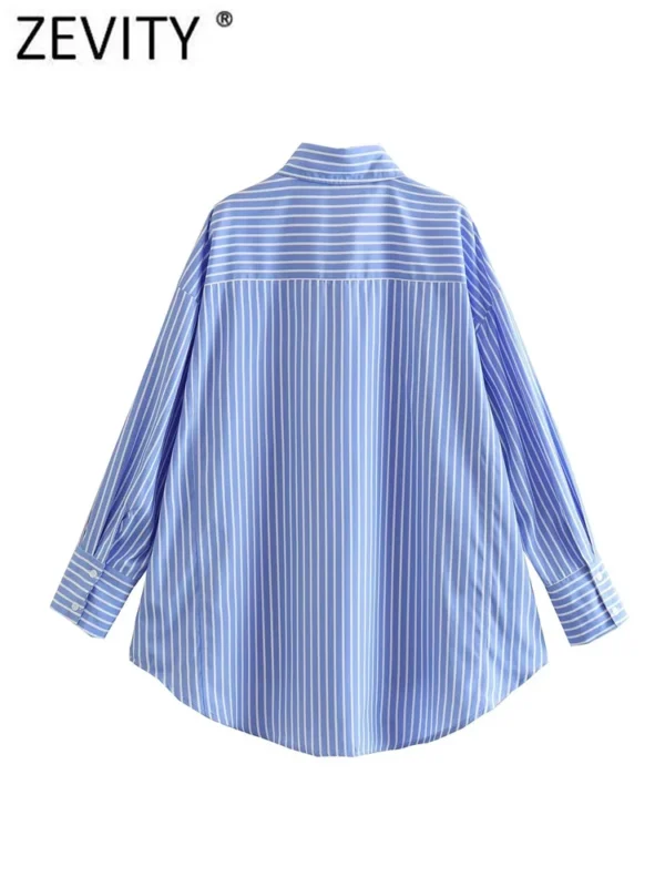 Zevity Women Fashion White Blue Striped Print Loose Shirt Office Lady Double Pocket Patch Smock Blouse Roupas Chic Tops LS3468 2