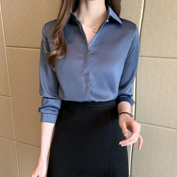 Autumn Winter Women's Long Sleeve Polo Neck Simple Shirt Sleeve Solid Color Commuter Versatile Chiffon Tops Blouse Camisas A578 1