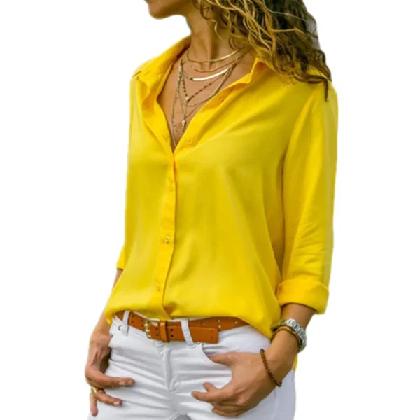 Women Yellow Chiffon Blouse Sexy Autumn Long Sleeve Button Asymmetrical Shirt Female Work Wear Shirt Blouse Oversized ARJ-196Y 1